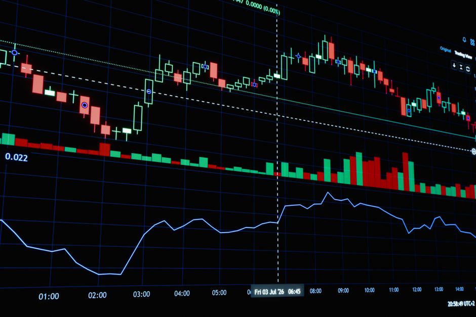 Close-up of stock market candlestick chart showcasing financial data trends.