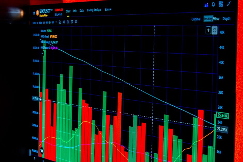 Close-up of a digital Bitcoin trading chart showing price fluctuations.